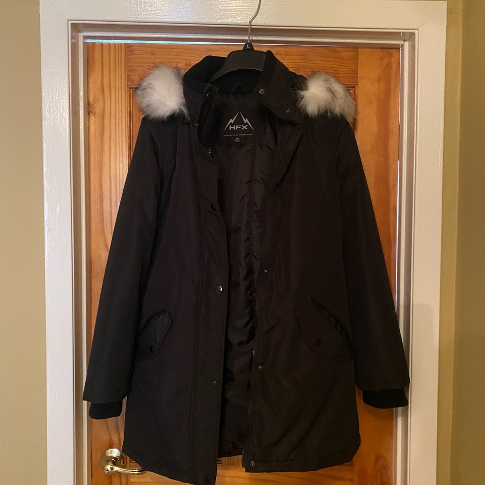 Black and White Puffer Coat with Faux Fur Hood